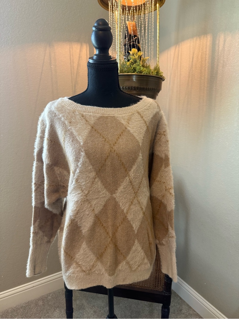 Maurices Cream Beige Argyle Fuzzy Knit Sweater